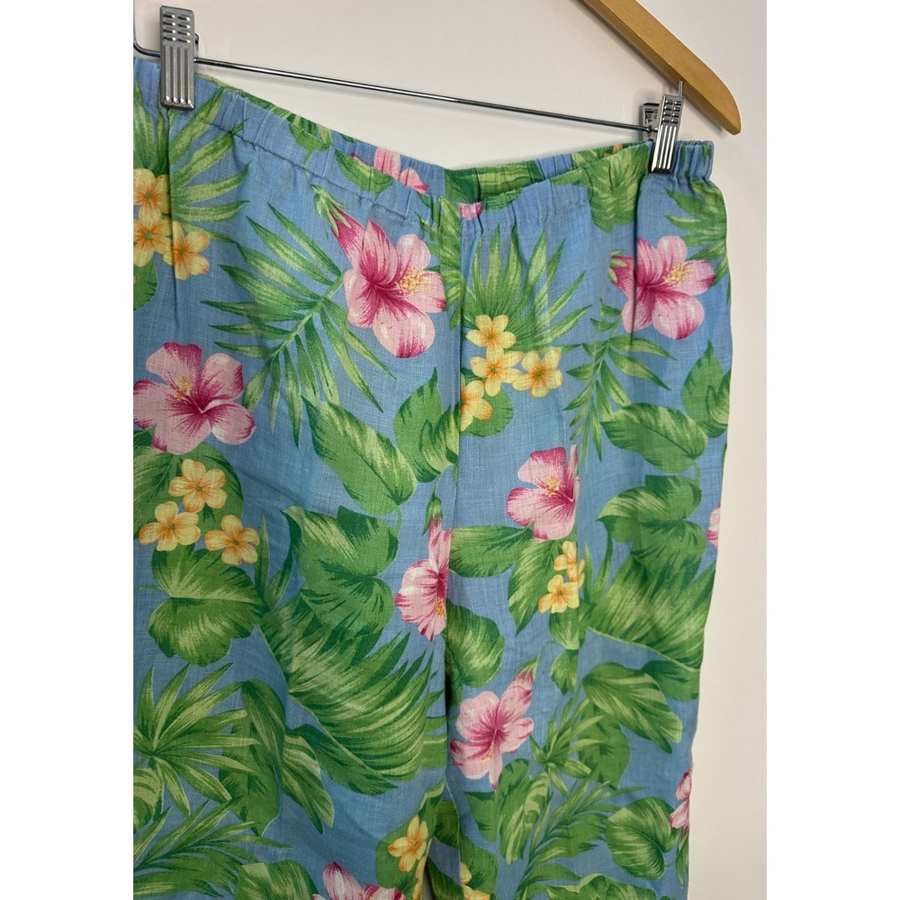 Shegos 100% Linen Pull On Crop Pants Tropical Hibiscus Floral Blue Pink Size 2 - Picture 4 of 10